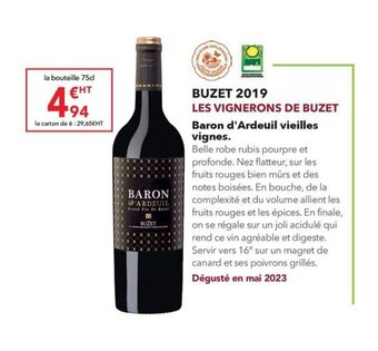 BUZET 2019 LES VIGNERONS DE BUZET Baron d'Ardeuil vieilles vignes.