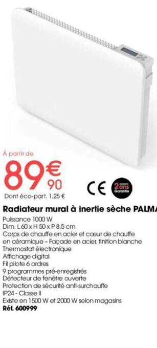 Radiateur mural Ă inertie sĂšche PALMA