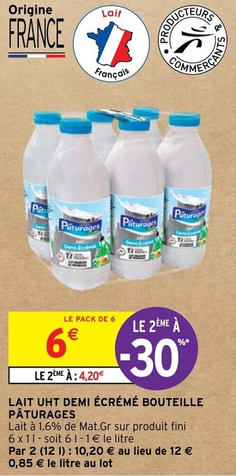 Intermarché LAIT UHT DEMI ÉCRÉMÉ BOUTEILLE PÂTURAGES offre