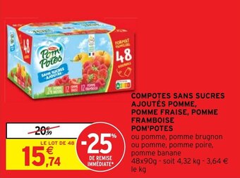 Intermarché COMPOTES SANS SUCRES AJOUTÉS POMME, POMME FRAISE, POMME FRAMBOISE POM'POTES offre