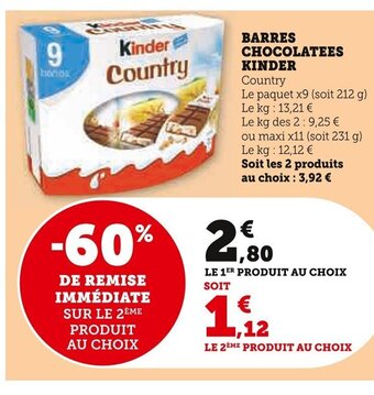 Super U BARRES CHOCOLATEES KINDER offre