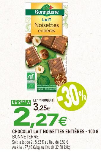 naturéO Bonneterre chocolat lait noisettes entières offre