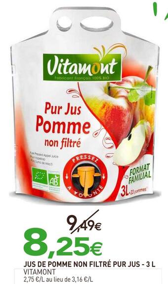 naturéO Vitamont jus de pomme non filtré pur jus offre