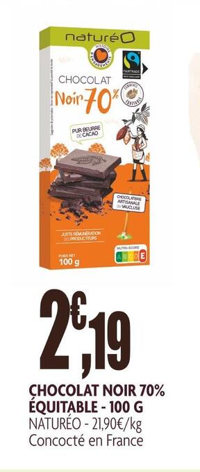 naturéO Naturéo chocolat noir 70% équitable offre
