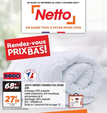 Netto COUETTE TEMPÉRÉE 2 PERSONNES TOTAL DÉFENSE DODO offre
