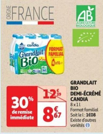 Auchan GRANDLAIT BIO DEMI-ÉCRÉMÉ CANDIA offre