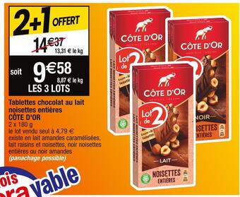 Cora Côte d'or tablettes chocolat au lait noisettes entières offre
