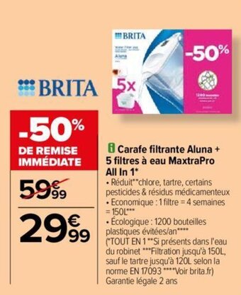 Carrefour Carafe filtrante Aluna + 5 filtres à eau MaxtraPro All In 1 offre