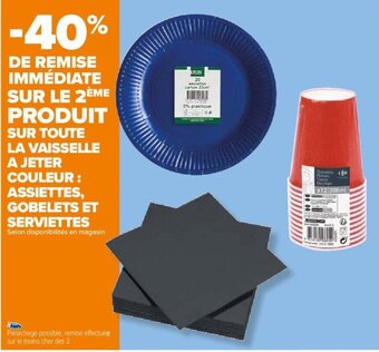 Carrefour SUR TOUTE LA VAISSELLE A JETER COULEUR: ASSIETTES, GOBELETS ET SERVIETTES offre