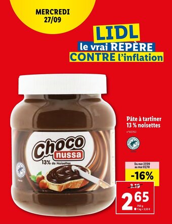 Lidl Pâte à tartiner 13 % noisettes offre