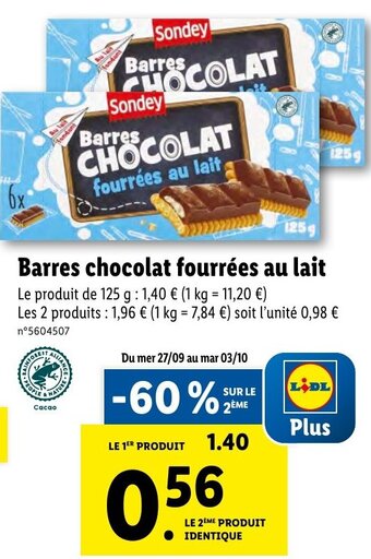 Lidl Barres chocolat fourrées au lait offre