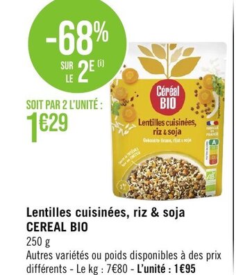 Géant Casino Lentilles cuisinées, riz & soja CEREAL BIO offre