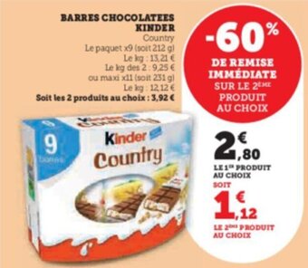 Super U BARRES CHOCOLATEES KINDER Country offre