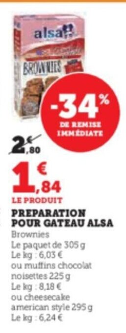 Super U PREPARATION POUR GATEAU ALSA Brownies offre