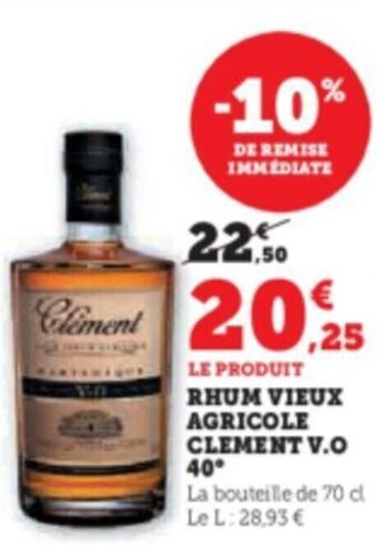 Super U RHUM VIEUX AGRICOLE CLEMENT V.O 40° offre