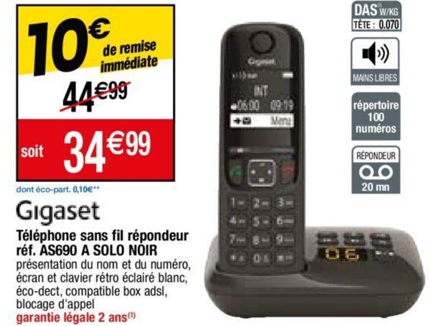 Promo Téléphone sans fil répondeur réf. AS690 A SOLO NOIR chez Migros