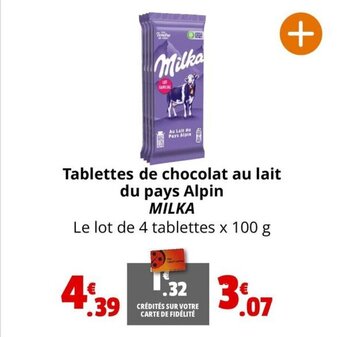 Coccinelle Express Tablettes de chocolat au lait du pays Alpin MILKA offre