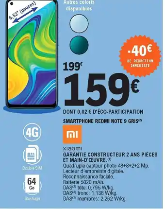 E.Leclerc Smartphone Redmi Note 9 Gris offre
