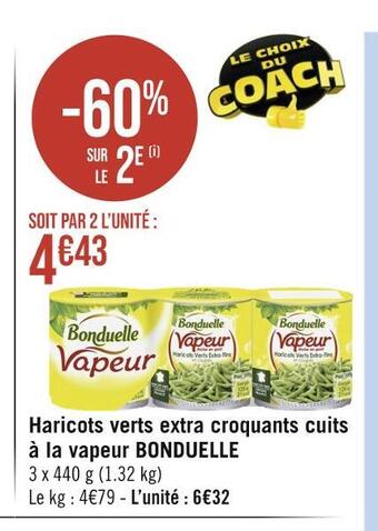 Casino Hyperfrais Bonduelle haricots verts extra croquants cuits à la vapeur offre