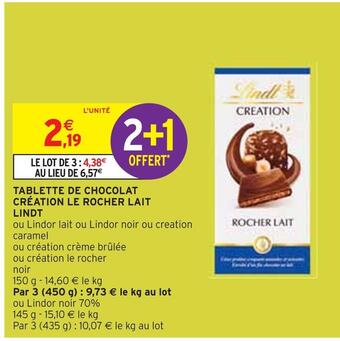 Intermarché Lindt tablette de chocolat création le rocher lait offre