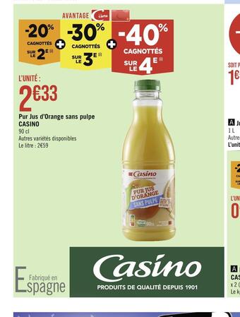 Casino Hyperfrais Casino pur jus d’orange sans pulpe offre