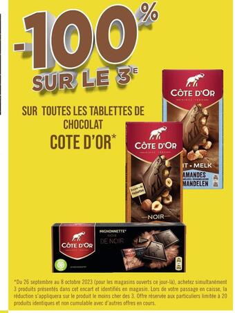 Casino Hyperfrais Cote d’or -100% sur le 3e sur toutes les tablettes de chocolat cote d’or offre
