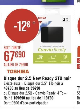 Toshiba disque dur 2.5 new ready 2to noir