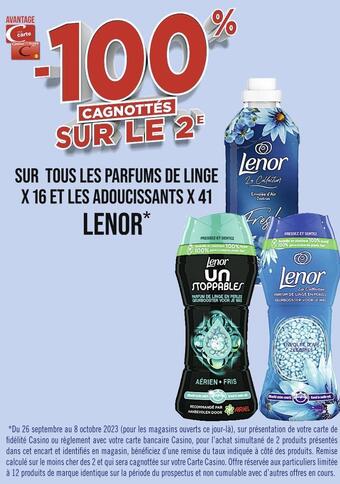 Casino Supermarchés Lenor -100% cagnottés sur le 2e avec ma carte casino sur tous les parfums de linge x 16 et les adoucissants x 41 lenor offre