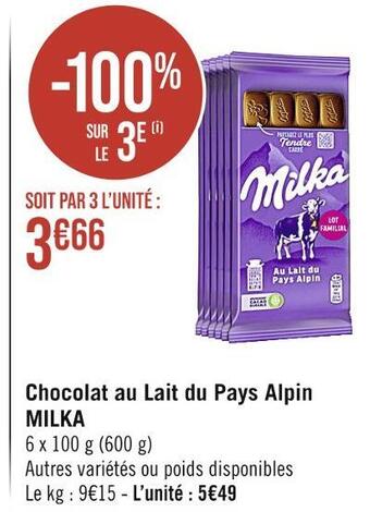 Casino Supermarchés Milka chocolat au lait du pays alpin offre