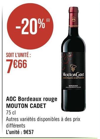 Casino Supermarchés Mouton cadet aoc bordeaux rouge offre