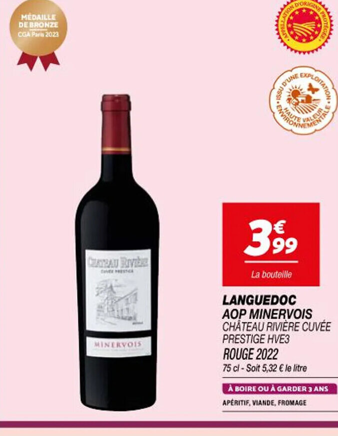 Promo LANGUEDOC AOP MINERVOIS CHÂTEAU RIVIÈRE CUVÉE PRESTIGE HVE3 ROUGE