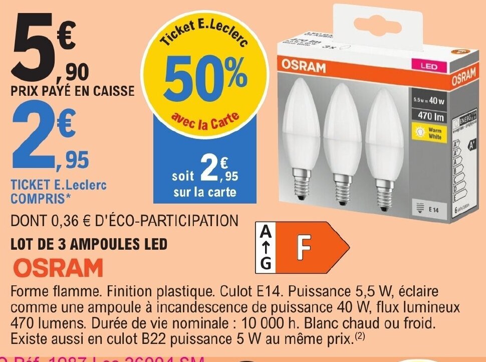 Promo LOT DE 3 AMPOULES LED chez E.Leclerc