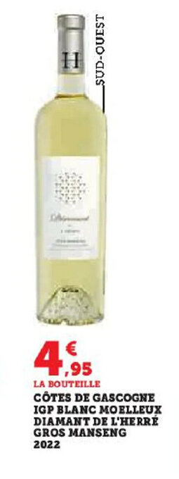 Hyper U CÔTES DE GASCOGNE IGP BLANC MOELLEUX DIAMANT DE L'HERRÉ GROS MANSENG 2022 offre