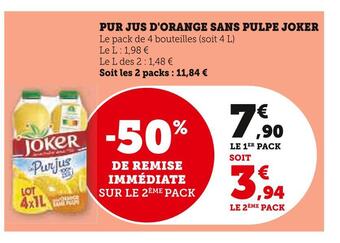 Super U Joker pur jus d'orange sans pulpe offre