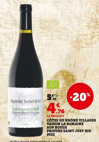 U Express Prieure saint just côtes du rhône villages vaison la romaine aop rouge bio 2022 offre