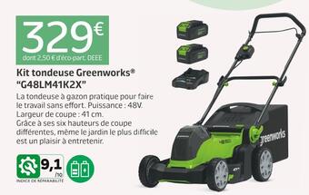 Jardiland Greenworks kit tondeuse “g48lm41k2x” offre