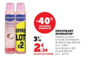 Hyper U DEODORANT MONSAVON offre