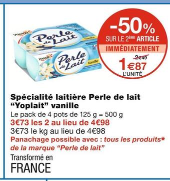 Monoprix Yoplait spécialité laitière perle de lait vanille offre