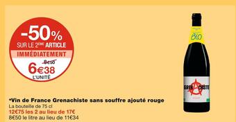 Monoprix Grenachiste vin de france sans souffre ajouté rouge offre