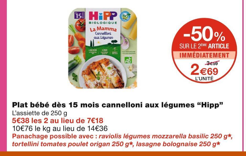 Promo Hipp plat bébé dès 15 mois cannelloni aux légumes chez Monoprix