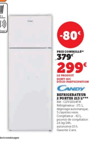 Super U REFRIGERATEUR 2 PORTES 213 L offre