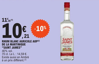 RHUM BLANC AGRICOLE AOP(ÂČ) DE LA MARTINIQUE "SAINT JAMES" 40% vol.
