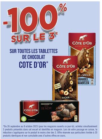 Casino Supermarchés Cote d’or -100% sur le 3e sur toutes les tablettes de chocolat cote d’or offre