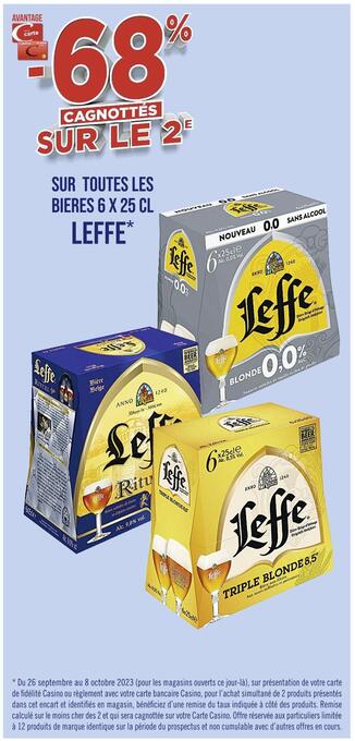 Leffe -68% cagnottés sur le 2e sur toutes les bieres 6 x 25 cl leffe