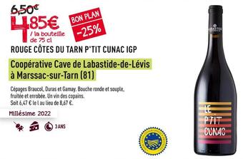 Coopérative cave de labastide-de-lévis à marssac-sur-tarn (81) rouge cÎtes du tarn p'tit cunac igp