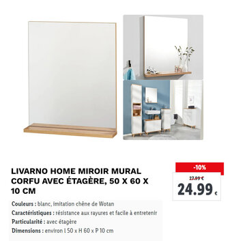 Lidl LIVARNO HOME MIROIR MURAL CORFU AVEC ÉTAGÈRE, 50 X 60 X 10 CM offre