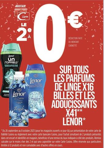 Lenor le 2e à 0€ avec ma carte casino sur tous les parfums de linge x16 billes et les adoucissants x41 lenor