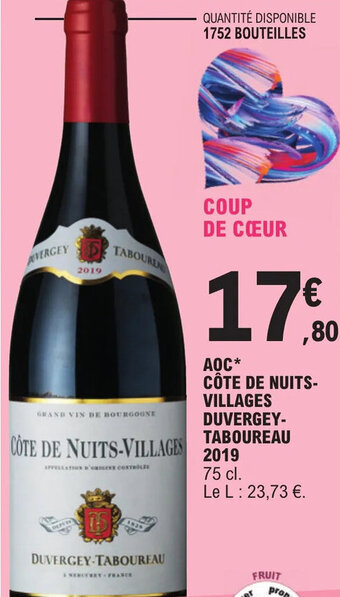 E.Leclerc AOC* CÔTE DE NUITS-VILLAGES DUVERGEY-TABOUREAU 2019 offre