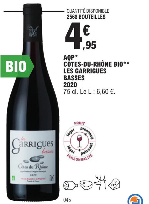 Promo AOP* CÔTESDURHÔNE BIO** LES GARRIGUES BASSES chez E.Leclerc