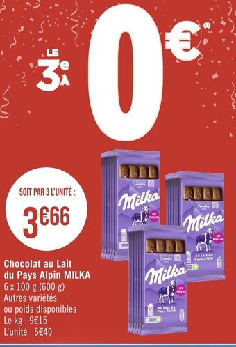 Géant Casino Chocolat au Lait du Pays Alpin MILKA offre